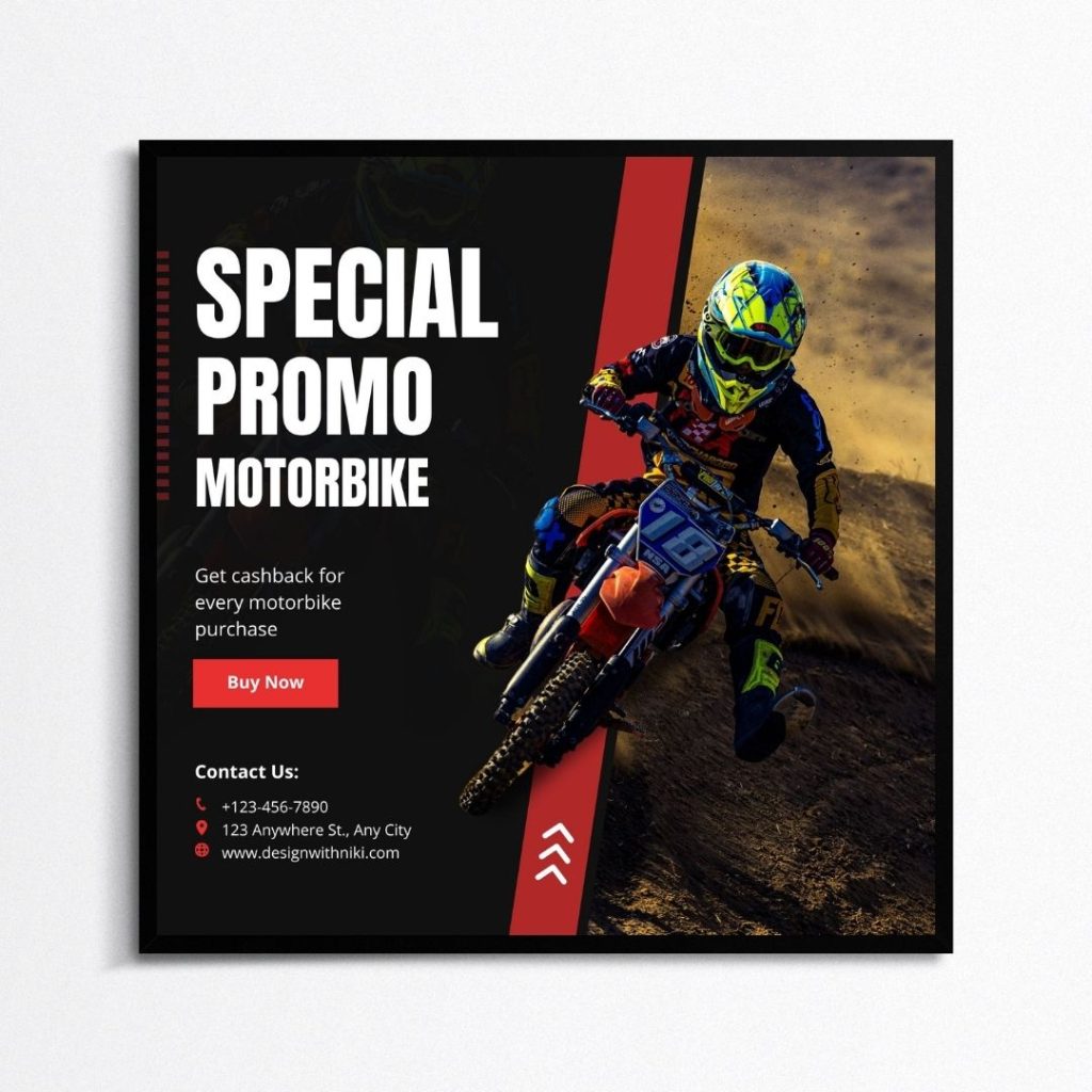 Free Canva template for motorbike promotions – fully editable design perfect for automotive offers and marketing banners.
